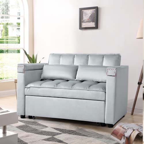 Convertible Sofa Bed,3-in-1 Multi-Functional Velvet Sleeper Couch Pull-Out 48'' Loveseat Bed Chaise Lounge with Adjustable Backrest and Pillows,Hidden Side Table for Living Room,Small Space Grey - color: 3-in-1 Grey Velvet 2 Seater