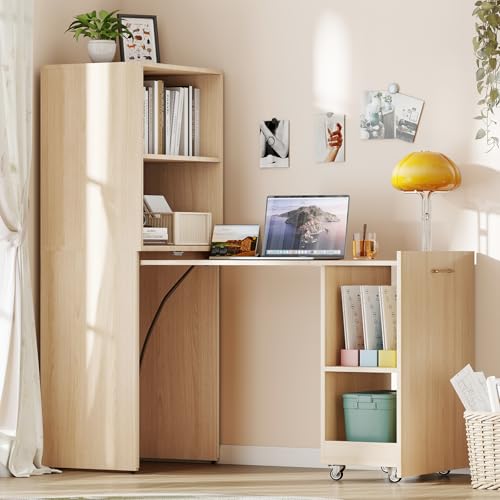Zevemomo Folding Desk, Convertible Table with Shelves & Wheels - Beige | Folding Desk with Storage, Craft Cabinet with Fold Out Table, Compact Computer Desk for Small Space, Reversible L Shaped Desk - color: Beige