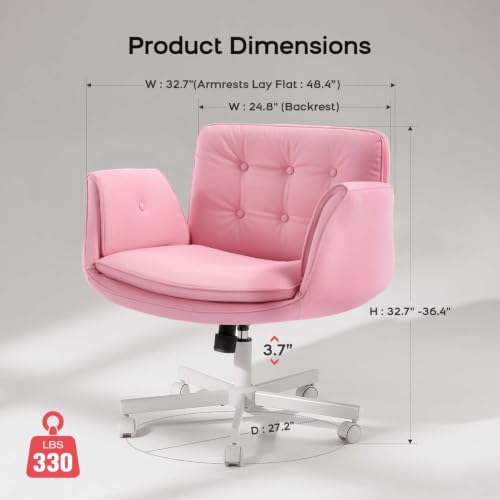 amseatec Criss Cross Office Chair, Swivel Makeup Vanity Chair with Wheels | Wide PU seat supports cross-legged, fidget-friendly sitting; 5-level armrests create pet space; wipe-clean finish eases care - color: Pink