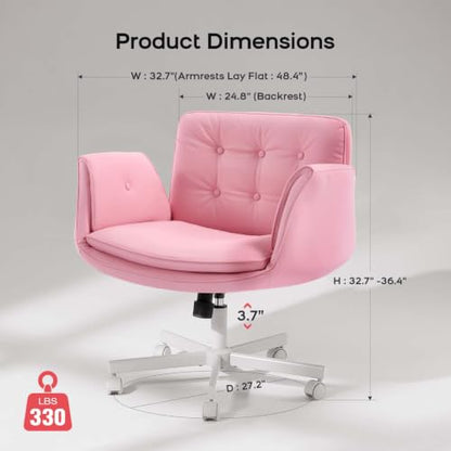 amseatec Criss Cross Office Chair, Swivel Makeup Vanity Chair with Wheels | Wide PU seat supports cross-legged, fidget-friendly sitting; 5-level armrests create pet space; wipe-clean finish eases care - color: Pink