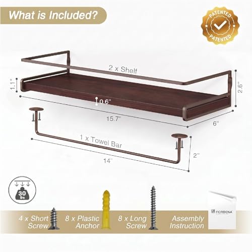 Forbena Dark Brown Kitchen Shelves Wall Mounted Set of 2, Walnut Brown Floating Kitchen Wall Shelves with Rail, Hanging Shelves for Kitchen Wall Coffee Bar (Wooden Pine Wood) - color: 8. Dark Brown