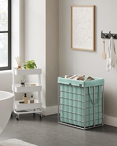 SONGMICS Laundry Hamper, 23.8 Gal. (90L) Laundry Basket, Collapsible Clothes Hamper, Removable and Washable Liner, Metal Wire Frame, for Bedroom Bathroom, Silver and Mint Green ULCB190C01 - color: Silver + Mint Green, size: 90 L