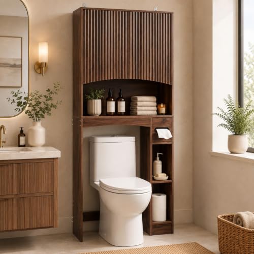 VINGLI Over-the-Toilet Storage Cabinet, 31.5" W Dark Walnut Bathroom Space Saver with Fluted Curved Doors, Adjustable Shelf, Reversible Side Shelves, Toilet Paper Holder and Anti-Tip Kit - color: Dark Walnut, size: 8.7"D x 31.5"W x 67"H