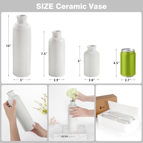 Small White Ceramic Vase Set of 3, Boho Modern White Flower Vase Room Decor, Farmhouse Decor, Vases for Your Kitchen, Bathroom, Bedroom, Living Room, Office&Shelf Centerpiece Table Decorations - color: White