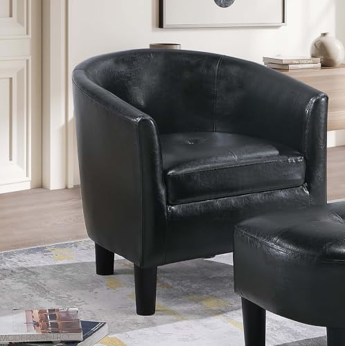Penau Black Faux Leather Accent Chair, Ottoman Set, Compact | Faux Leather Upholstery, Curved Barrel Back, Rolled Arms, Matching Ottoman, Compact Room Accent