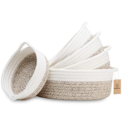 NaturalCozy 5-Piece Round Woven Cotton Rope Storage Baskets for Organizing, Small Shallow Nesting Set for Montessori Toys, Entryway Catchall, Fruit Bowl, Key Tray, Remote Holder, Nursery & Pet Toys - color: Off White & Mixed Brown