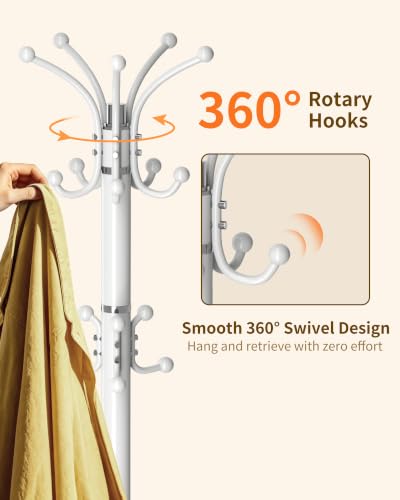 Metal Coat Rack, Modern Coat Rack Stand, 360°Rotary Coat Tree Stand | Heavy Duty Coat Rack Freestanding with Natural Marble Base, White Clothes Tree Hanger Stand with 14 Hooks & Umbrella Holder - color: White-16Hooks