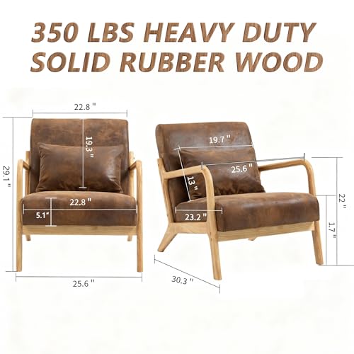 Mid Century Modern Lounge Chair with Wooden Frame & Gold-Embossed Upholstery, Vintage-Inspired Accent Chair with Pillow, Modern Living Room Chair for Stylish Home Interiors - color: Saddle Brown (Faux Leather + Natural Wood), size: 1-Piece