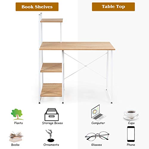 Tangkula Computer Desk with 4 Tier Shelves, Writing Desk Study Desk, Compact Computer Desk Workstation with X-Shaped Metal Frame & Adjustable Foot Pads, Home Office Desk (Natural) - color: Natural & White