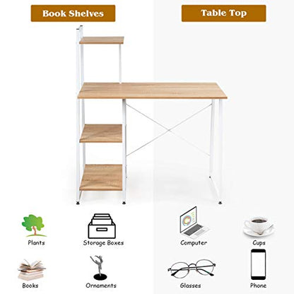 Tangkula Computer Desk with 4 Tier Shelves, Writing Desk Study Desk, Compact Computer Desk Workstation with X-Shaped Metal Frame & Adjustable Foot Pads, Home Office Desk (Natural) - color: Natural & White