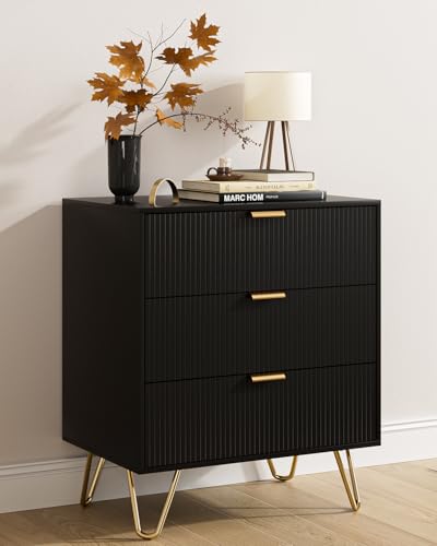 3 Drawer Dresser for Bedroom, 27.6" Modern Storage Dresser, Black | Modern Chests of Drawers, Small Storage Bedroom Dresser with Gold Handles, Large Fluted Nightstand with 3 Drawers for Bedroom - color: Black