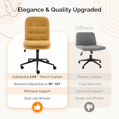 VINGLI Mid Back Armless Office Desk Chair with Wheels/no Wheels,360°Rocking Swivel Vanity Chair with Thickened Cushion,Adjustable Height Rolling for Reading Room, Make up, Linen Ginger Yellow - color: Ginger Yellow