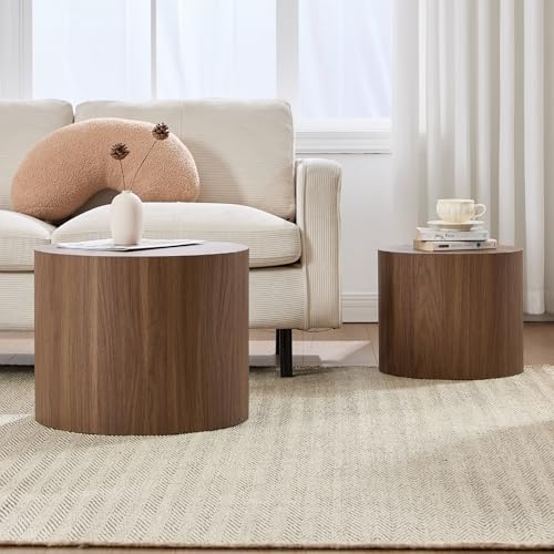 Ya-Home Round Coffee Tables Side Table Set of 2, Wood Nesting End Table for Living Room Balcony Office, Walnut Wooden Color, No Assembling - color: Walnut