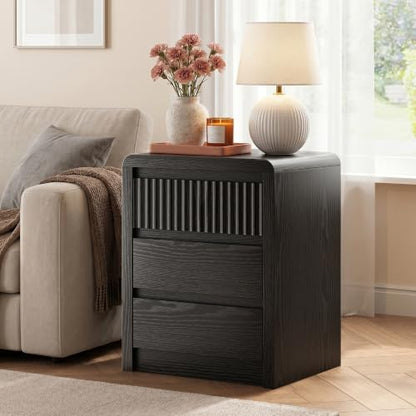 LYNSOM Fluted Nightstand Set of 2, Wood End Table with 3 Drawer, Black | Mid Century Modern Night Stand with Stoarge, Bedside Table with Curved Profile Design for Living Room, Office, 20" W - color: Black, size: 3 Drawers