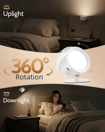 LED Wall Mounted Lights, Rechargeable Wall Sconces, 3 Color Temps, Remote & Touch, 360° Rotating and Dimmable for Bedroom, Bedside & Reading (White, 2 Pack) - color: White