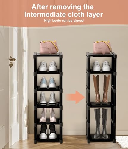 6-Tier Narrow Shoe Rack, Vertical Small Space Shoe Organizer, 9.84" Compact Slim Shoe Shelf for Closet & Entryway, Sturdy & Tool-Free Assembly, Adjustable Height for Boots - size: 6-Tier