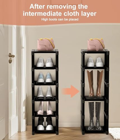 6-Tier Narrow Shoe Rack, Vertical Small Space Shoe Organizer, 9.84" Compact Slim Shoe Shelf for Closet & Entryway, Sturdy & Tool-Free Assembly, Adjustable Height for Boots - size: 6-Tier