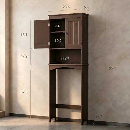 Bealife Over The Toilet Storage Cabinet with Open Shelf - Espresso | Over Toilet Bathroom Organizer with Adjustable Shelf and Double Doors, Space Saver Free Standing Storage Shelf for Bathroom - color: Brown