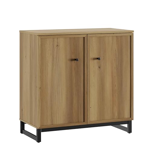 Rustic Storage Cabinet, Modern Farmhouse Set of 2 Buffet Accent Cabinet with 4-Door Design with Metal Frame Base for Dinnig Room Living Room Entryway,Brown Oak - color: Brown Oak