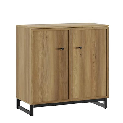 Rustic Storage Cabinet, Modern Farmhouse Set of 2 Buffet Accent Cabinet with 4-Door Design with Metal Frame Base for Dinnig Room Living Room Entryway,Brown Oak - color: Brown Oak