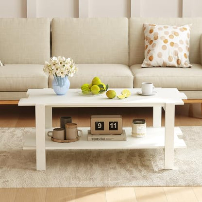 Giantex Coffee Table with Storage, 45 Inch Modern Center Table with Slatted Design & Side Rail Support, Rectangular Living Room Table for Small Spaces, White - color: White