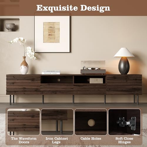 78 inch Modern TV Stand for 85 inch TV, Large Wood Entertainment Center with Slatted Doors and Cable Management, Industrial Media Console with Soft-Closing Hinges for Living Room, Dark Brown Walnut - color: Dark Brown-f