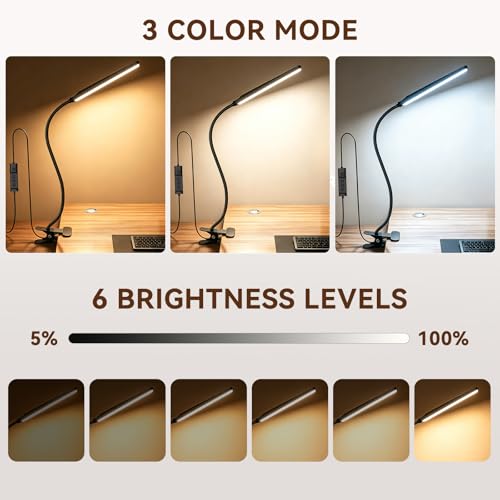 Clip on Desk Lamp, Flexible Reading Light | 5W LED Book Light, 3 Color & 6 Brightness Levels, USB Powered Adjustable Neck Lamp for Desk, Bedside, Study, Office - color: Dark Black