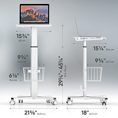 ONKRON Laptop Cart on Wheels, max 17.6 lbs, Portable Workstation, White | Rolling laptop desk with 29.7-45.2" height adjustment, locking wheels and storage basket; for home, office & school