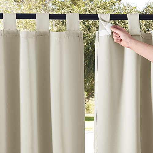 NICETOWN 2 Panels Outdoor Patio Curtainss Waterproof Room Darkening Drapes, Detachable Sticky Tab Top Thermal Insulated Privacy Outdoor Dividers for Canopy/Doorway, Beige, W52 x L84 - color: Beige, size: 52"W x 84"L (Pack of 2)
