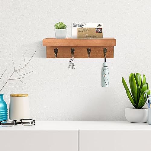 HRONRAD Rustic Key Holder for Wall, Farmhouse Wall Shelf with 4 Hooks, Wall Mounted Key Racks, Wooden Mail Organizer with Hooks for Entryway (Brown - Oak) - color: Brown - Oak