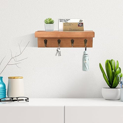 HRONRAD Rustic Key Holder for Wall, Farmhouse Wall Shelf with 4 Hooks, Wall Mounted Key Racks, Wooden Mail Organizer with Hooks for Entryway (Brown - Oak) - color: Brown - Oak