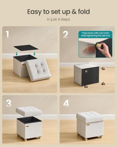 SONGMICS Small Storage Ottoman, Folding Ottoman Cube, 15 x 15 x 15.7 Inches, Footstool, Footrest, 10 Gal. (37 L), Velvet Surface, for Bedroom, Living Room, Dorm, Cappuccino Beige ULSF0516W02 - color: Cream White