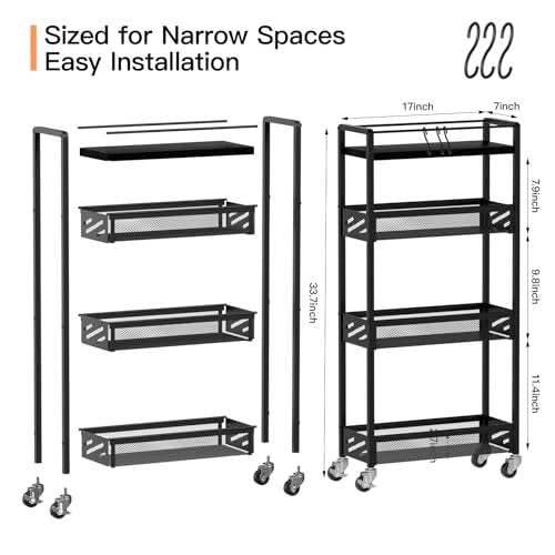 DGSNADGO Slim Rolling Storage Cart, 4-Tier Narrow Kitchen Cart with Wheels | Skinny Rolling Cart, Metal Mobile Snack Shelving, Rolling Spice Rack for Small Space in Kitchen, Living Room,Bathroom, Black - color: Black