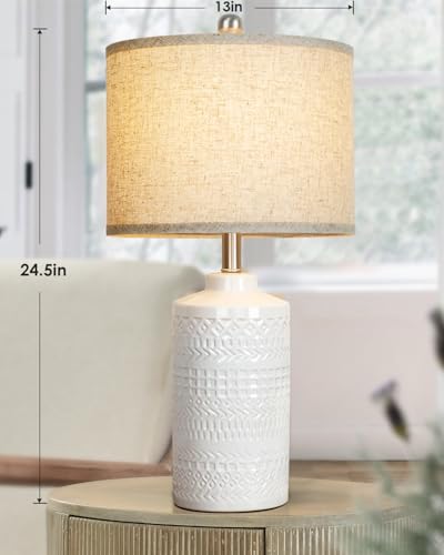 JUNNAI White Ceramic Table Lamp with Beige Shade: 3-Way Dimmable Night Stand Light Lamp 24.5" Modern Table Lamps for Living Room Bedroom End Table Office Entryway Lamps (Bulb Included - color: Beige Lampshade