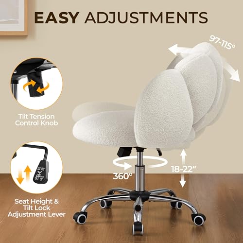 Yaheetech White Petal Boucle Makeup Vanity Desk Chair with Wheels, Swivel | Soft foam-padded boucle fabric fits vanity, bedroom, office or sewing desks; adjustable height, swivel wheels, fast assembly. - color: White