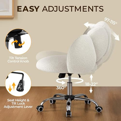 Yaheetech White Petal Boucle Makeup Vanity Desk Chair with Wheels, Swivel | Soft foam-padded boucle fabric fits vanity, bedroom, office or sewing desks; adjustable height, swivel wheels, fast assembly. - color: White