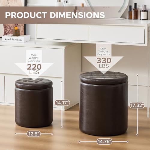 oakvivo Round Set of 2 14.76" L x 14.76" W x 17.32" H Faux Leather Ottoman with Storage, Small Foot Rest Storage Ottomen with Lid Living Room, Bedroom Vanity Stool Chair, Coffee - color: Coffee