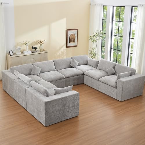 146''Cloud Boneless Sectional Couch, Modular Sectional Sofa Deep Seat, Oversized Upholstered Convertible Comfy 8 Seater Chenille Memory Foam Sofa U Shape Couches for Living Room, Light Grey - color: Light Grey, size: 146"/8 Seater