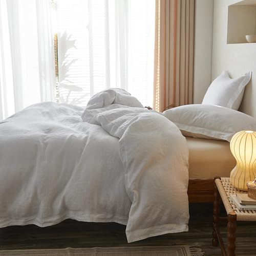 Simple&Opulence 100% Linen Duvet Cover Set with Crossed Embroidery Washed - 3 Pieces (1 Duvet Cover with 2 Pillow Shams) Soft Breathable Farmhouse - White, Queen Size - color: Crossed-white, size: Queen
