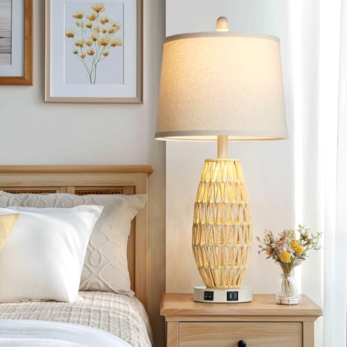 CINSARY 27“ Beige Rattan Table Lamps with Night Light, Boho Bedside Lamps Set of 2, Woven Wicker Bedroom Lamp for Nightstand with USB A+C Charging Port & AC Outlet, Tall Coastal Living Room Lamp - color: Beige