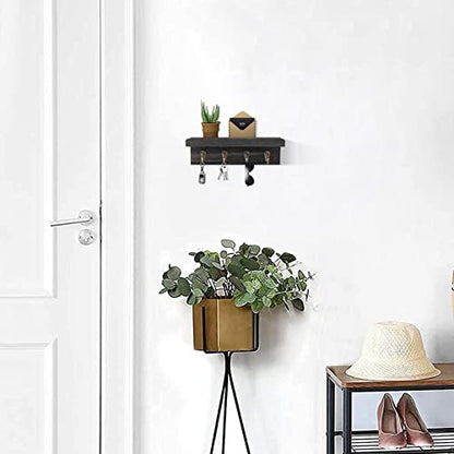 HRONRAD Rustic Key Holder for Wall, Farmhouse Wall Shelf with 4 Hooks, Wall Mounted Key Racks, Wooden Mail Organizer with Hooks for Entryway (Black - Pine) - color: Black - Pine