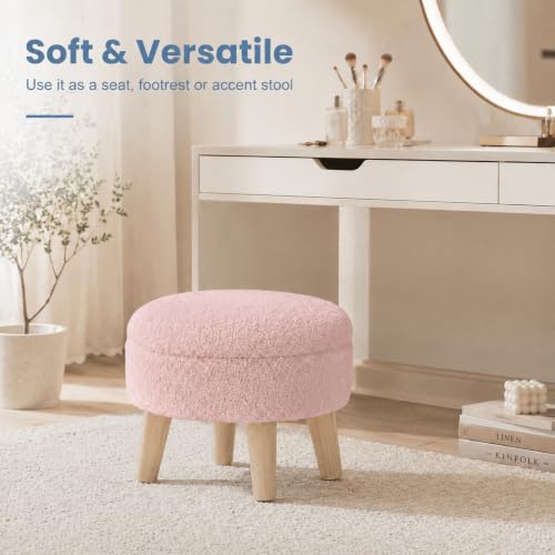 Simple Deluxe 13" Round Storage Ottoman with Wooden Legs & Dual-Use Tray Lid, Fluffy Teddy Boucle Ottoman Footstool for Bedroom, Living Room & Vanity, Pink - color: Pink
