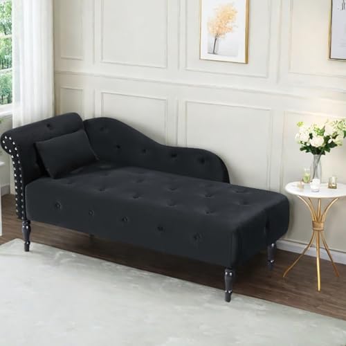 60" Modern Velvet Chaise Lounge Indoor, Upholstered Chair with Left Armrest and Lumbar Pillow, Button Tufted Lounge Sofa for Living Room Bedroom Office, Mini Chaise Longue Sofa (Black) - color: Black