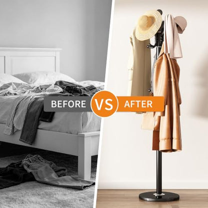 Metal Coat Rack Stand Coat Rack Freestanding with 360° Rotary,Black | Modern Coat Rack with 360° Rotary Design Sturdy Heavy Duty Hall Tree Hats Hanger Holder Stand 14 Hooks for Hallway Office - color: Black with Rotatable Hooks