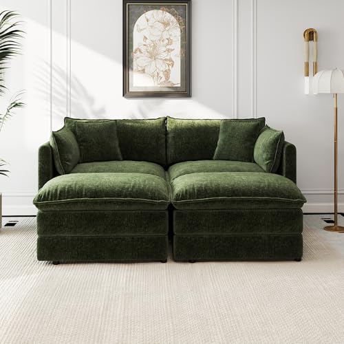 Aoowow Modular Sectional Sofa Modern Convertible Loveseat Couch,77.16 Inch Deep 2-Seater Sofas Comfy Chenille Cloud Sofas and Couches Set with 2 Movable Ottoman for Living Room Apartment（Green） - color: Green-new, size: 2 Seat + 2 Ottoman