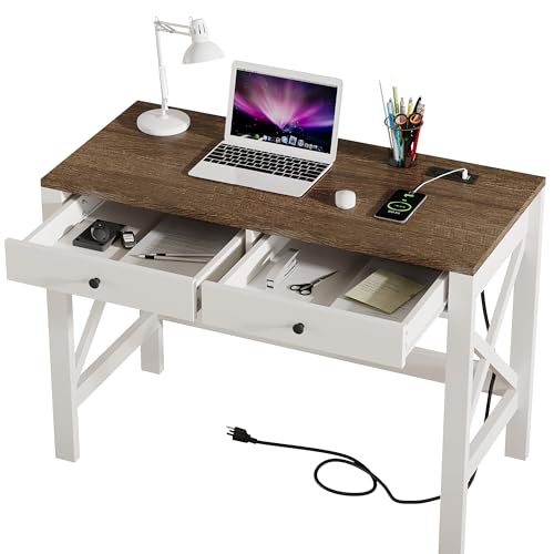 ChooChoo 40 Inches Farmhouse Computer Desk with 2 Drawers & Power Outlets | Wooden Writing Desk, Study Desk for Home Office, Makeup Vanity, Soft White - color: Soft White, size: 40inch with Power Outlet