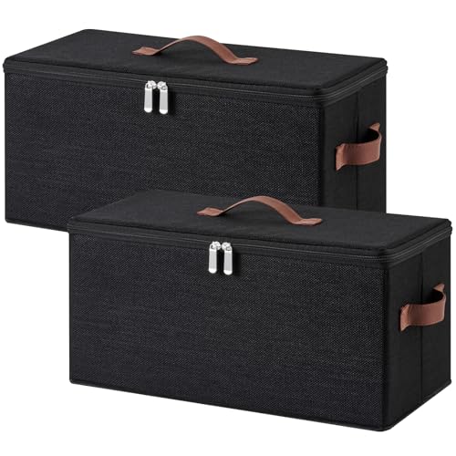 2PCS Storage Bin DVD Box CD Case Holder Basket with Zippered Lids | Cotton Linen Fabric Container, Decorative Foldable Stackable Washable Shelf Closet Organizer, PU Leather Handles, Black-Large - size: Large ( Pack of 2 )
