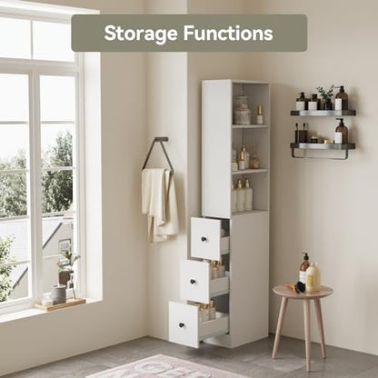 ARTETHYS Tall Narrow Free Standing Bathroom Storage Cabinet Set of 2, White | 3-Level Adjustable Shelves, Home - Space Saver for Living Room Kitchen, 3 Drawers - color: White Set of 2