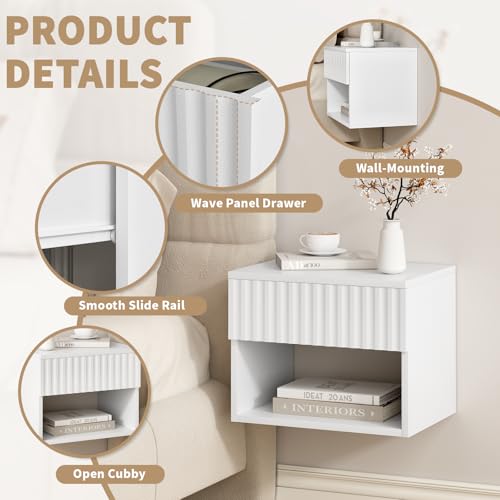Floating Nightstand Set of 2, Modern Wall Mounted Bedside Tables with Fluted Drawer, Night Stand Small End Table with Open Storage Shelf for Bedroom, Living Room, Small Spaces, White