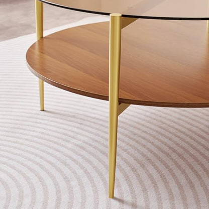 LumFurn Extra Large Round Coffee Table, Mid-Century Modern Design, D34 x H17 in, for Living Room, 2-Tier Structure, Amber Glass Top and Walnut MDF Shelf, Sleek Conical Metal Legs with Gold Finish - color: D34" Amber & Walnut